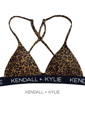 Kendall + Kylie Leopard Bikini Top Medium Logo Band Strappy Back Swim